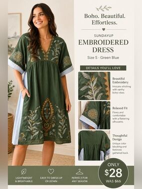 SundayUp Embroidered Dress Size S Green Blue